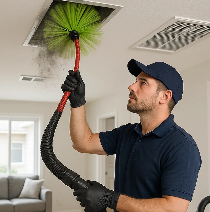 New Territory TX air duct technician using advanced vacuum and rotating brush technology for deep cleaning